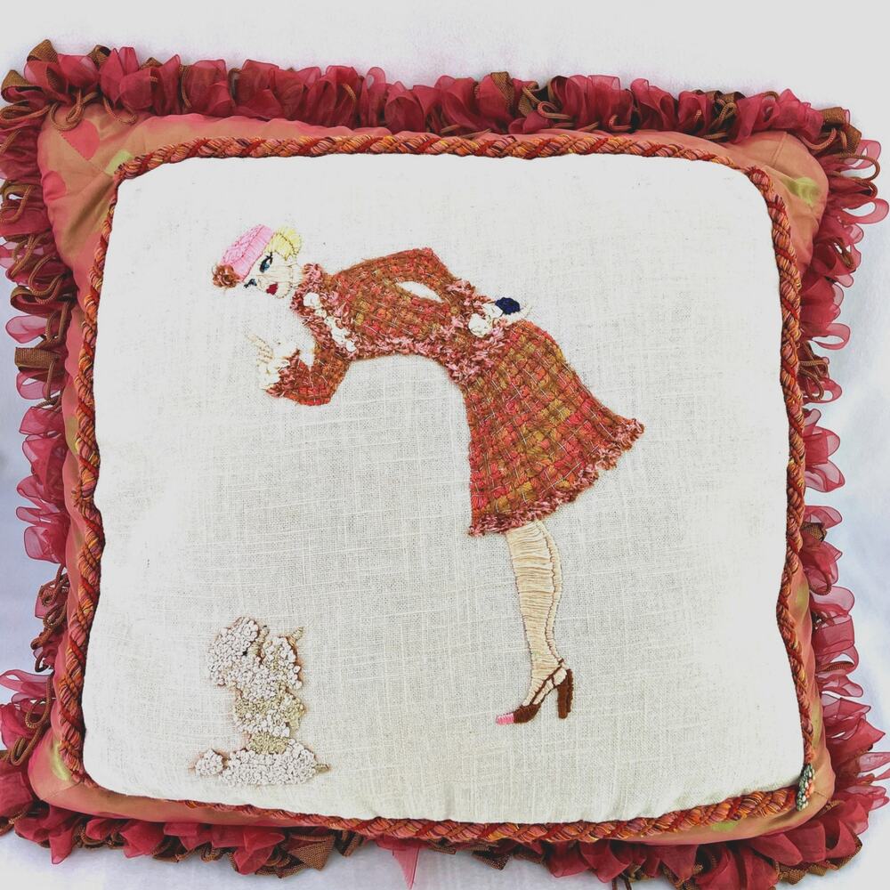 Stunning 16in Lady Poodle Plaid Tapestry Silk Satin Needlepoint Pillow Ribbon